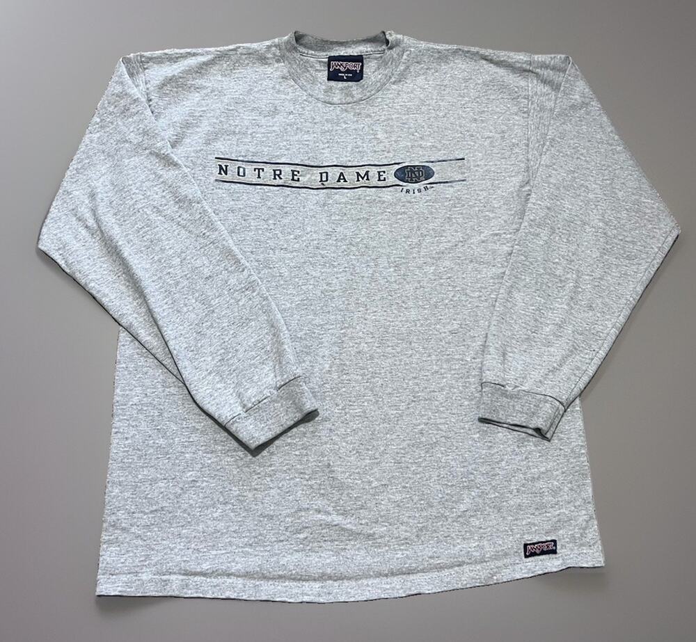 Vintage 90s Notre Dame Jansport Shirt Distressed Long Sleeve Gray Made in USA